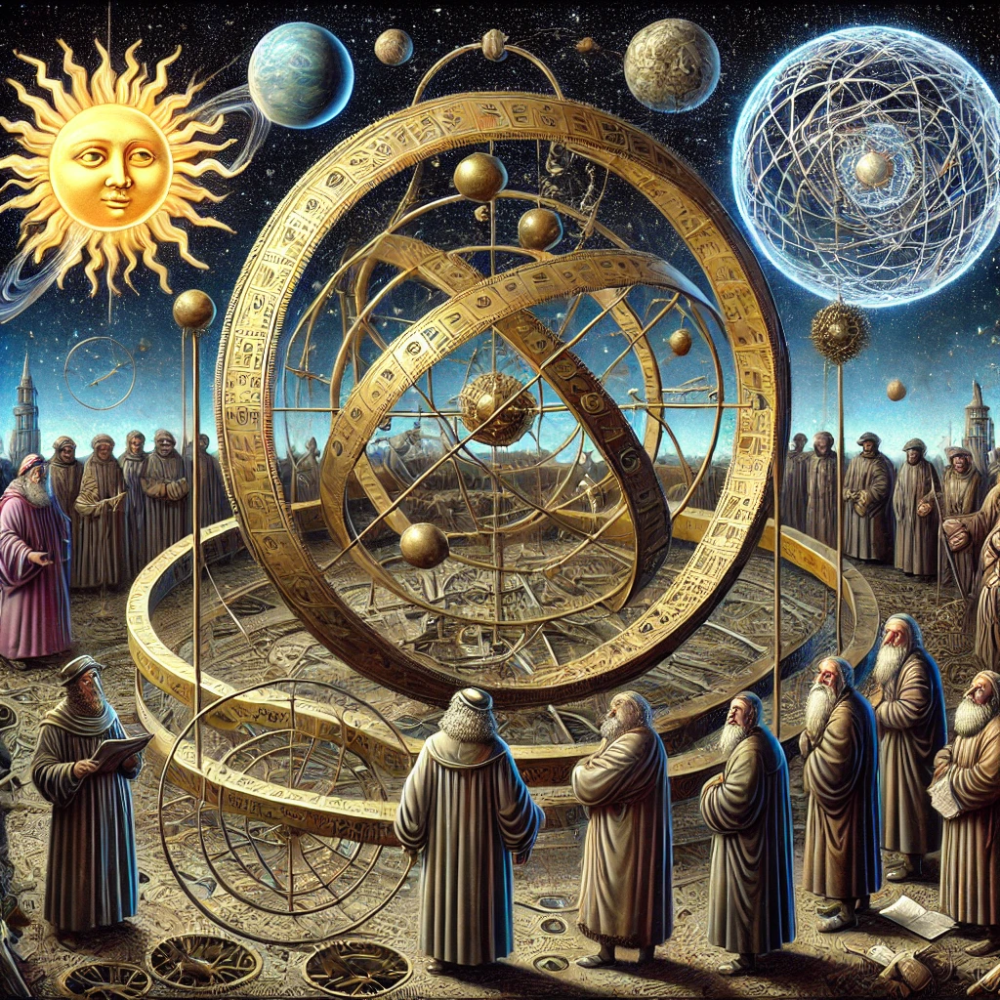 Artistic representation of a complex geocentric model, symbolizing the fragmentation and complexity in YAML/container-centric GitOps