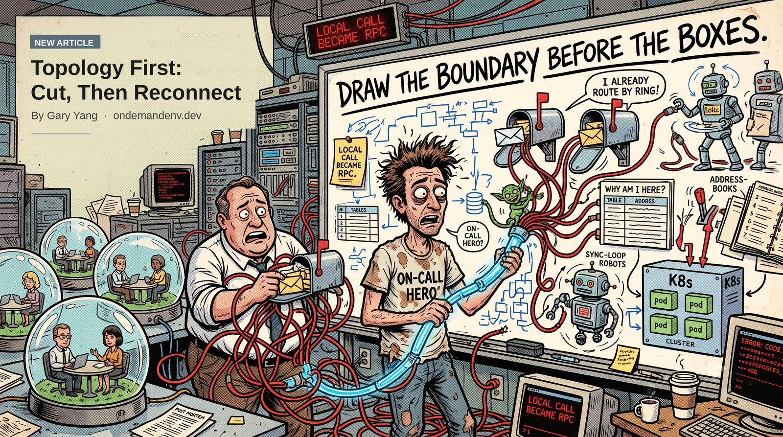 Cartoon of an office in meltdown: an exhausted on-call engineer wrestles a bundle of red cables that used to be a single local function call; a manager hand-stuffs envelopes into per-ring mailboxes that were already routing correctly on their own; hand-copied address books, a coordinate table, and sync-loop robots crowd the whiteboard, which is headed "Draw the boundary before the boxes"; teams sit sealed inside separate glass snow globes, unable to reach each other.